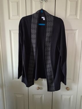 Croft & Barrow Black Open-Front Cardigan with Patterned Trim